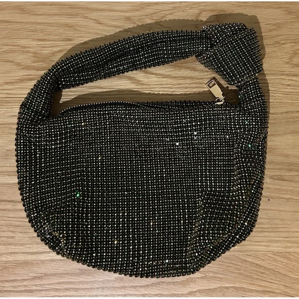 Madison West Knotted Emerald Green Rhinestone Gold Tone Dumpling Evening Handbag